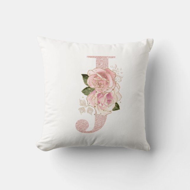 Girly Pale Rose Gold Glitter Floral J Monogram Throw Pillow (Front)