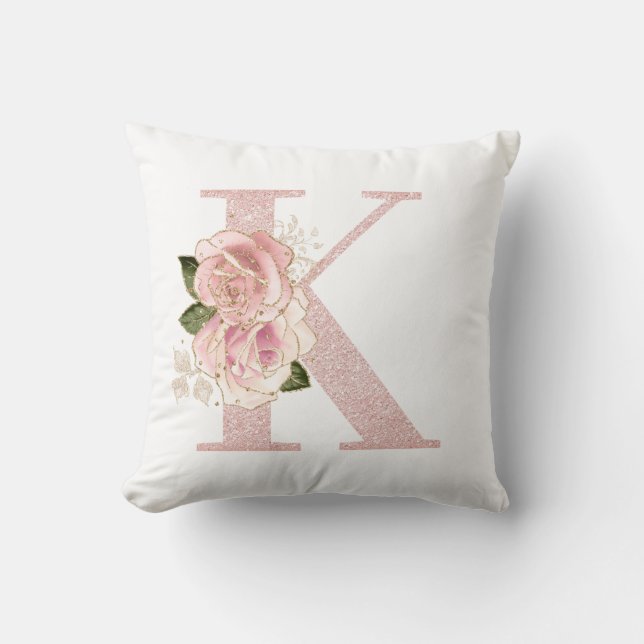 Girly Pale Rose Gold Glitter Floral K Monogram Throw Pillow (Front)