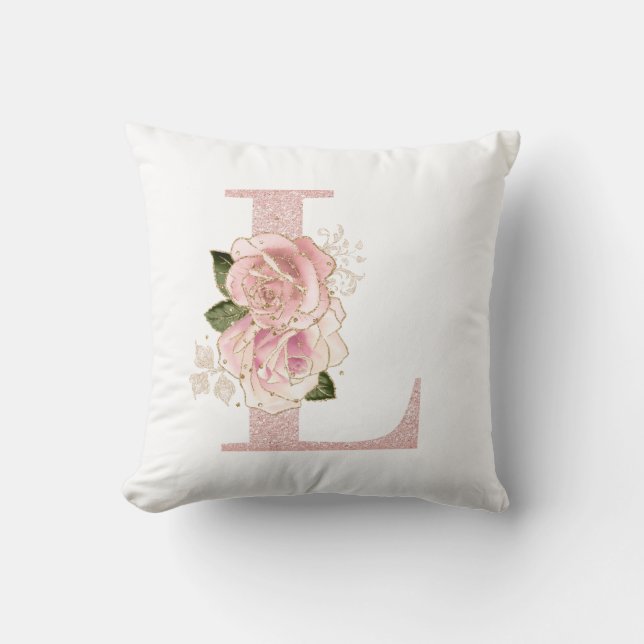 Girly Pale Rose Gold Glitter Floral L Monogram Throw Pillow (Front)