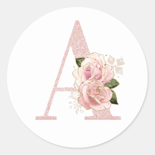 Girly Pale Rose Gold Glitter Floral Monogram A Classic Round Sticker