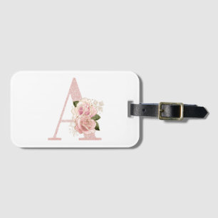 Girly Pale Rose Gold Glitter Floral Monogram A Luggage Tag