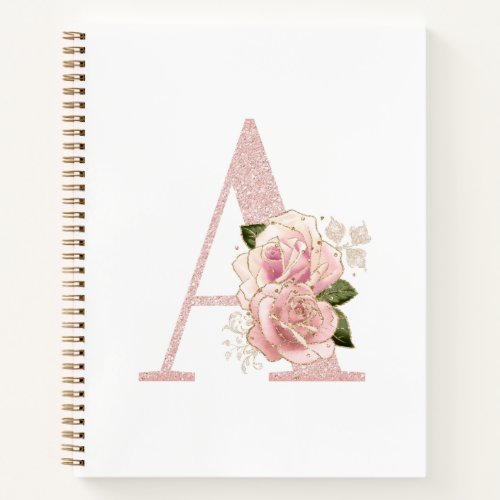 Girly Pale Rose Gold Glitter Floral Monogram A Notebook
