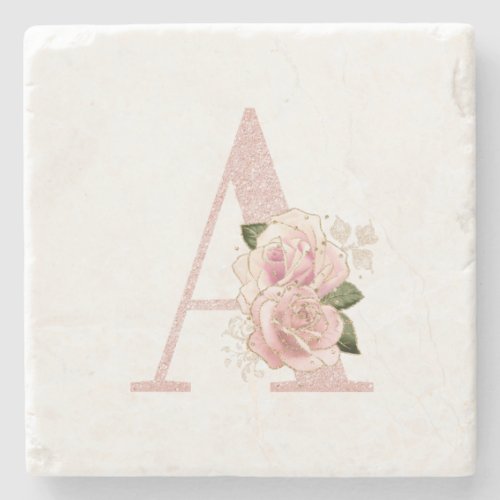 Girly Pale Rose Gold Glitter Floral Monogram A Stone Coaster