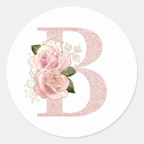 Girly Pale Rose Gold Glitter Floral Monogram B Classic Round Sticker