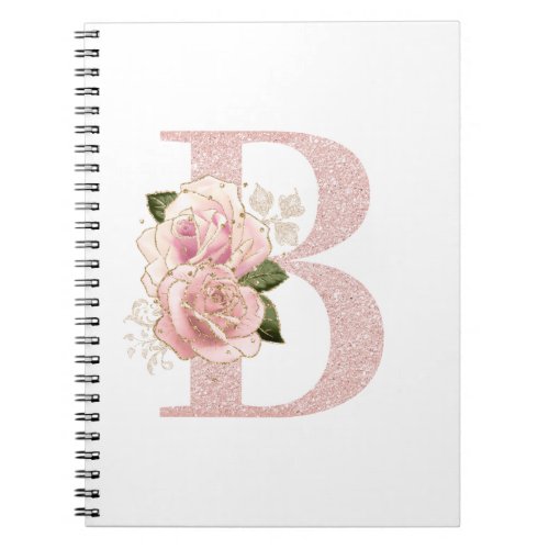 Girly Pale Rose Gold Glitter Floral Monogram B Notebook