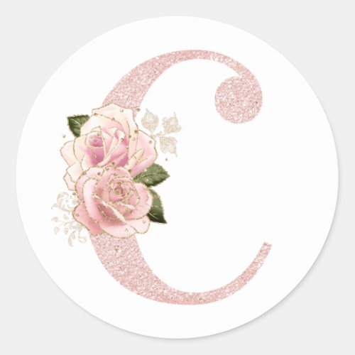 Girly Pale Rose Gold Glitter Floral Monogram C Classic Round Sticker
