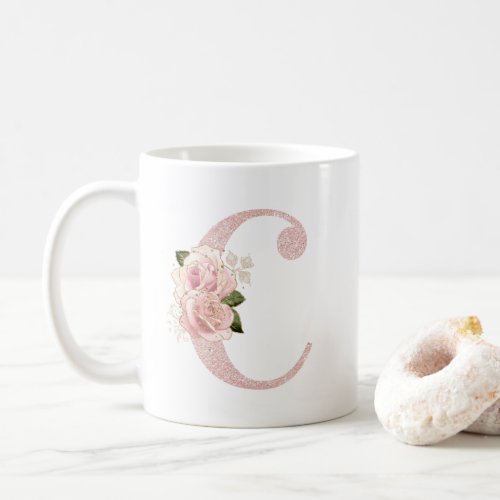 Girly Pale Rose Gold Glitter Floral Monogram C Coffee Mug