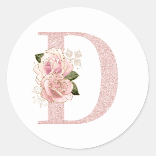 Girly Pale Rose Gold Glitter Floral Monogram D Classic Round Sticker