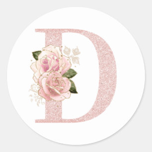Girly Pale Rose Gold Glitter Floral Monogram D Classic Round Sticker