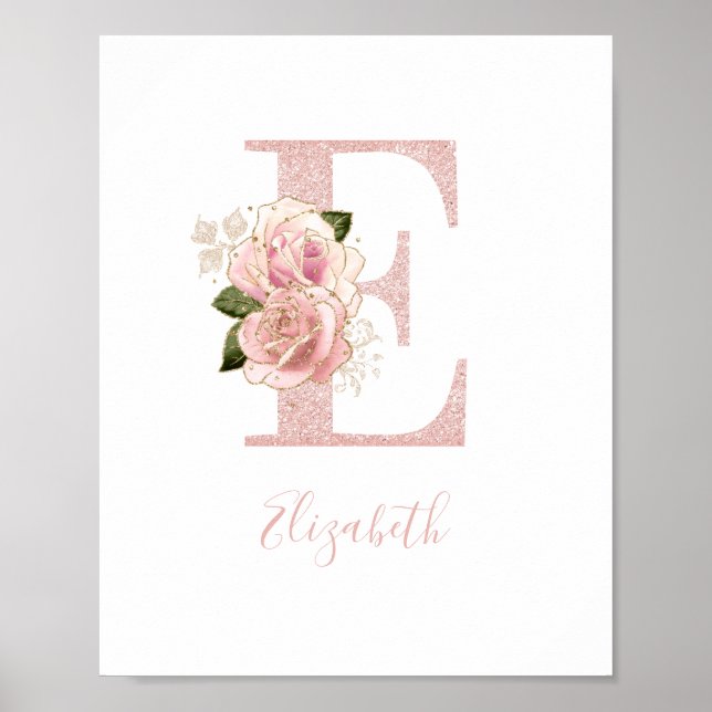Girly Pale Rose Gold Glitter Floral Monogram E Poster (Front)