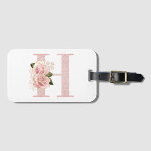 Girly Pale Rose Gold Glitter Floral Monogram H Luggage Tag