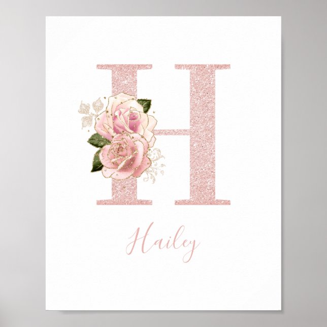 Girly Pale Rose Gold Glitter Floral Monogram H Poster (Front)