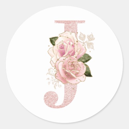 Girly Pale Rose Gold Glitter Floral Monogram J Classic Round Sticker