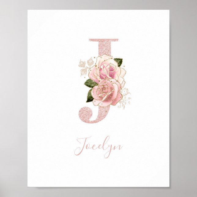 Girly Pale Rose Gold Glitter Floral Monogram J Poster (Front)