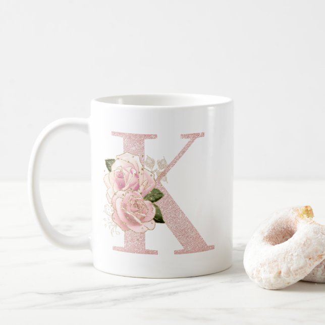 Girly Pale Rose Gold Glitter Floral Monogram K Coffee Mug (With Donut)