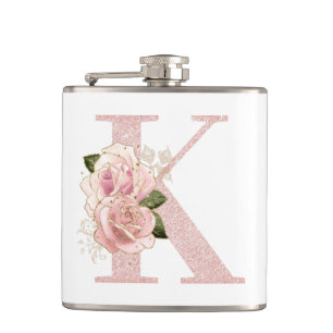 Girly Pale Rose Gold Glitter Floral Monogram K Flask