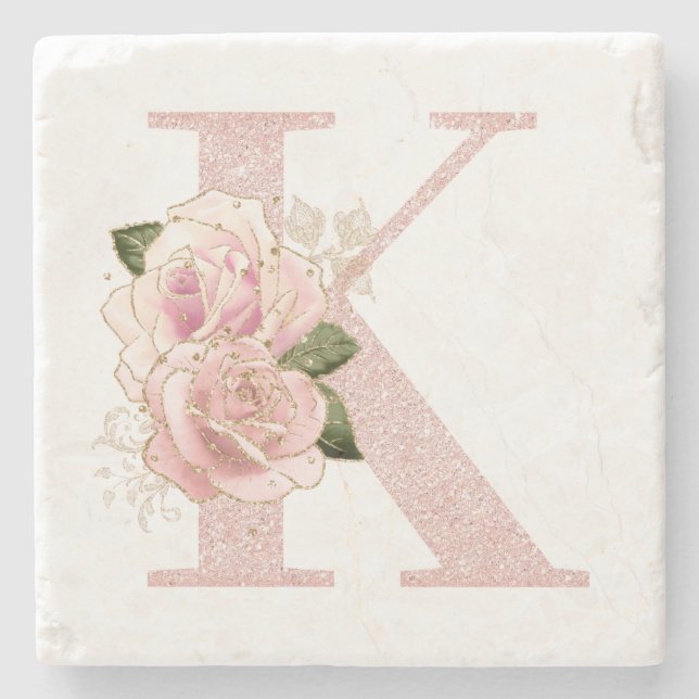 Girly Pale Rose Gold Glitter Floral Monogram K Stone Coaster (Front)
