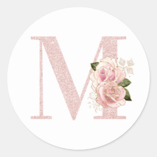 Girly Pale Rose Gold Glitter Floral Monogram M Classic Round Sticker