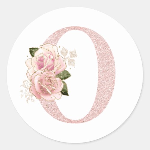 Girly Pale Rose Gold Glitter Floral Monogram O Classic Round Sticker
