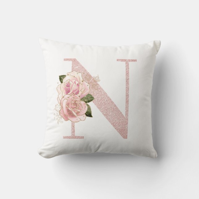 Girly Pale Rose Gold Glitter Floral N Monogram Throw Pillow (Front)