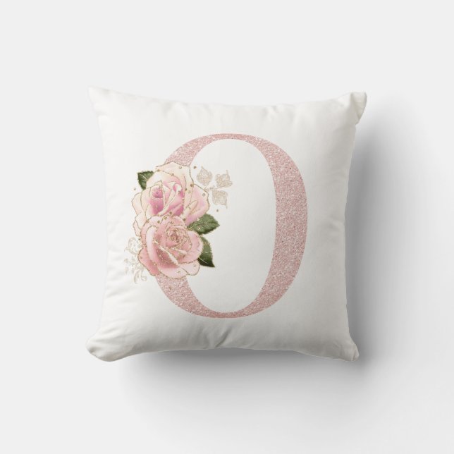 Girly Pale Rose Gold Glitter Floral O Monogram Throw Pillow (Front)