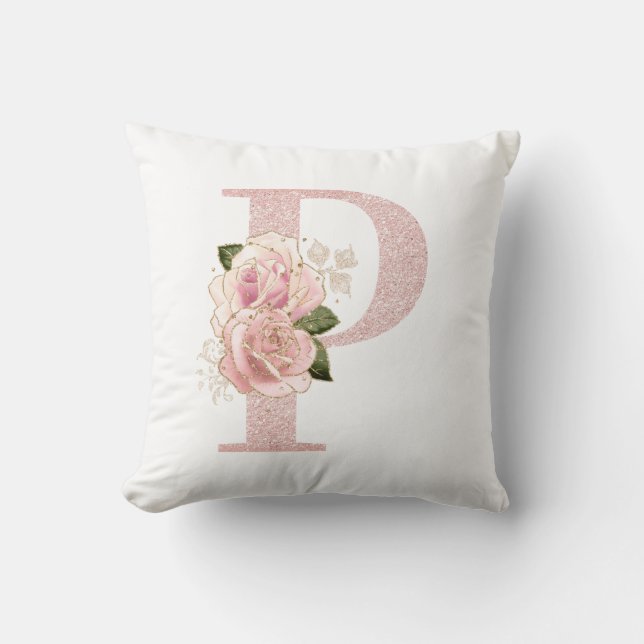 Girly Pale Rose Gold Glitter Floral P Monogram Throw Pillow (Front)