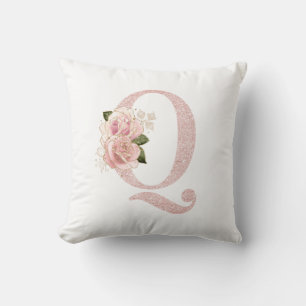Girly Pale Rose Gold Glitter Floral Q Monogram Throw Pillow
