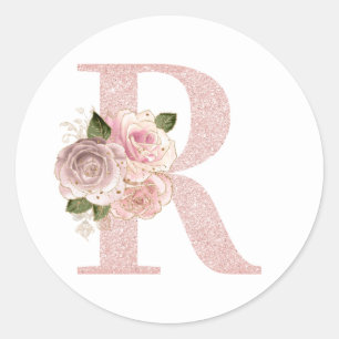 Girly Pale Rose Gold Glitter Floral R Monogram Classic Round Sticker