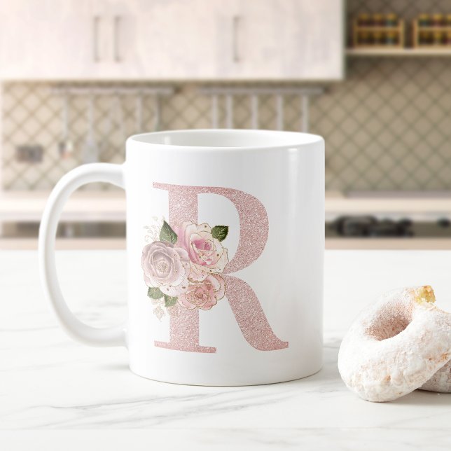 Girly Pale Rose Gold Glitter Floral R Monogram Coffee Mug (Creator Uploaded)