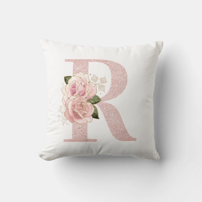 Girly Pale Rose Gold Glitter Floral R Monogram Throw Pillow (Front)