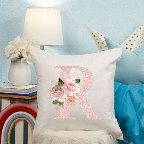 Girly Pale Rose Gold Glitter Floral R Monogram Throw Pillow