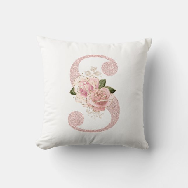 Girly Pale Rose Gold Glitter Floral S Monogram Throw Pillow (Front)