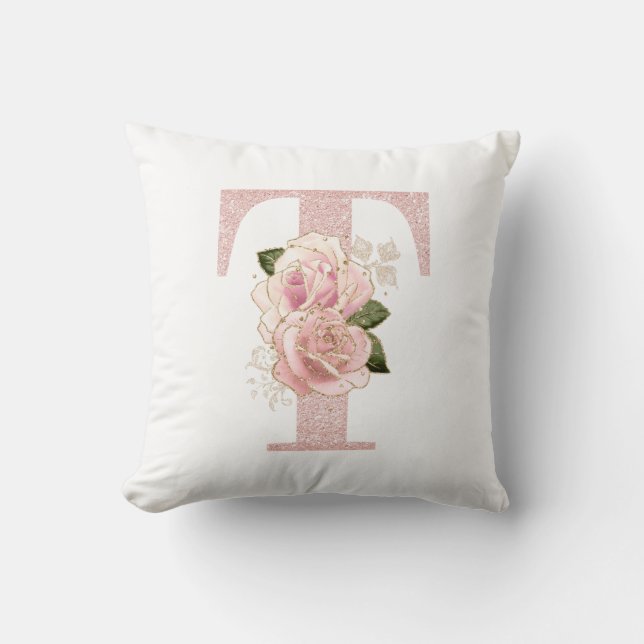 Girly Pale Rose Gold Glitter Floral T Monogram Throw Pillow (Front)