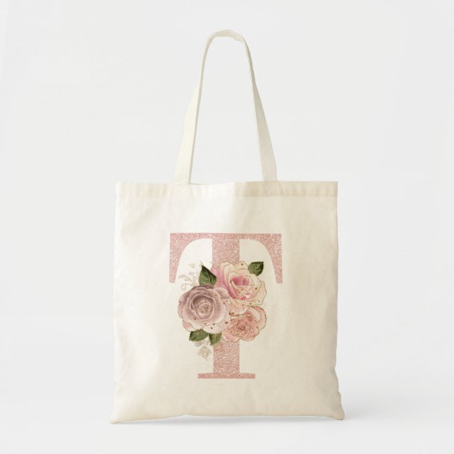 Girly Pale Rose Gold Glitter Floral T Monogram Tote Bag (Front)