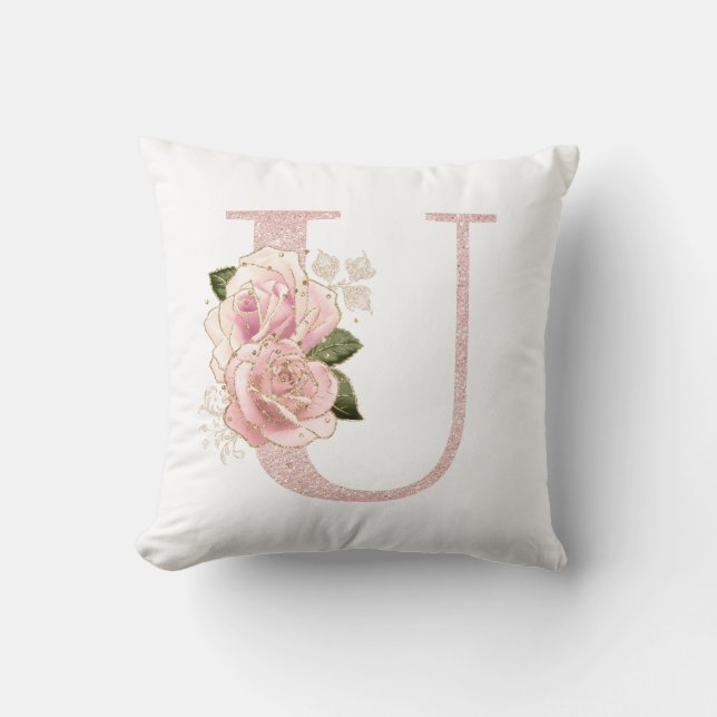 Girly Pale Rose Gold Glitter Floral U Monogram Throw Pillow (Front)