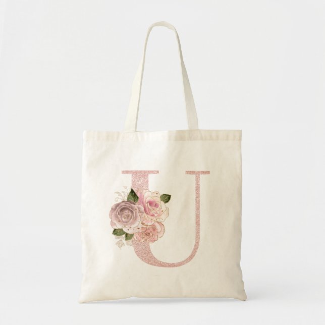 Girly Pale Rose Gold Glitter Floral U Monogram Tote Bag (Front)