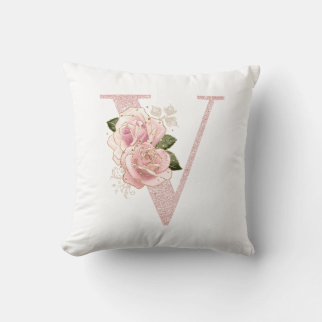 Girly Pale Rose Gold Glitter Floral V Monogram Throw Pillow (Front)