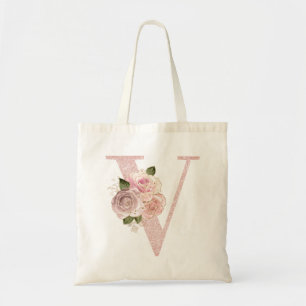 Girly Pale Rose Gold Glitter Floral V Monogram Tote Bag