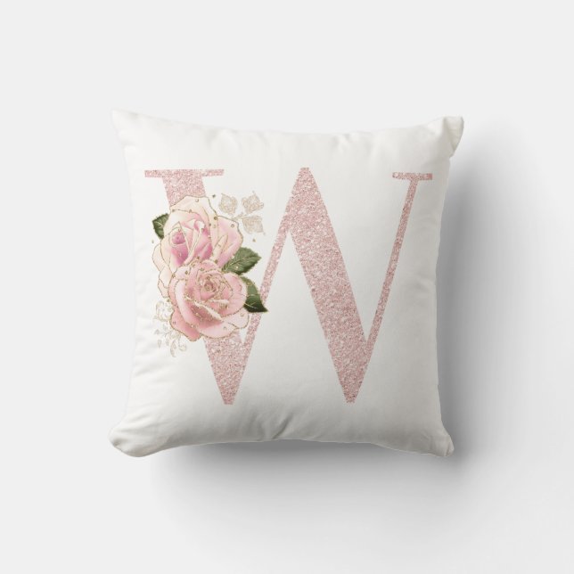 Girly Pale Rose Gold Glitter Floral W Monogram Throw Pillow (Front)