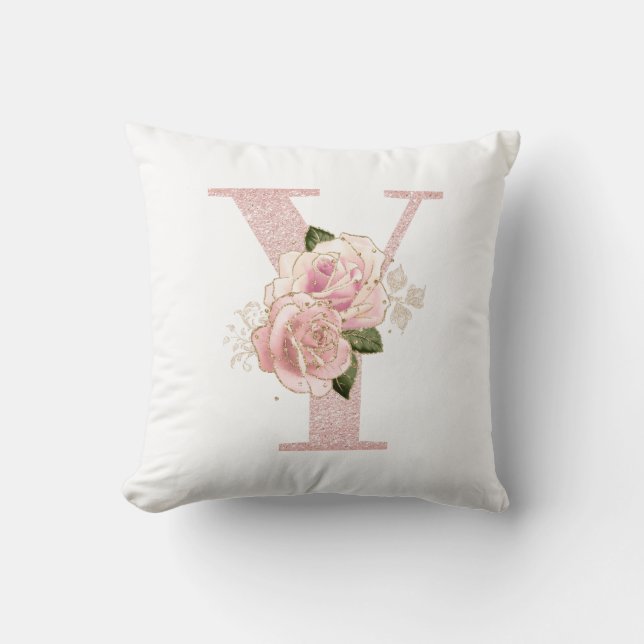 Girly Pale Rose Gold Glitter Floral Y Monogram Throw Pillow (Front)