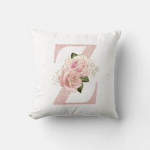 Girly Pale Rose Gold Glitter Floral Z Monogram Throw Pillow
