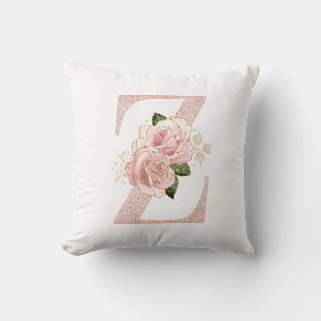 Girly Pale Rose Gold Glitter Floral Z Monogram Throw Pillow (Front)