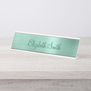 Girly Pale Teal Metallic Foil Desk Name Plate