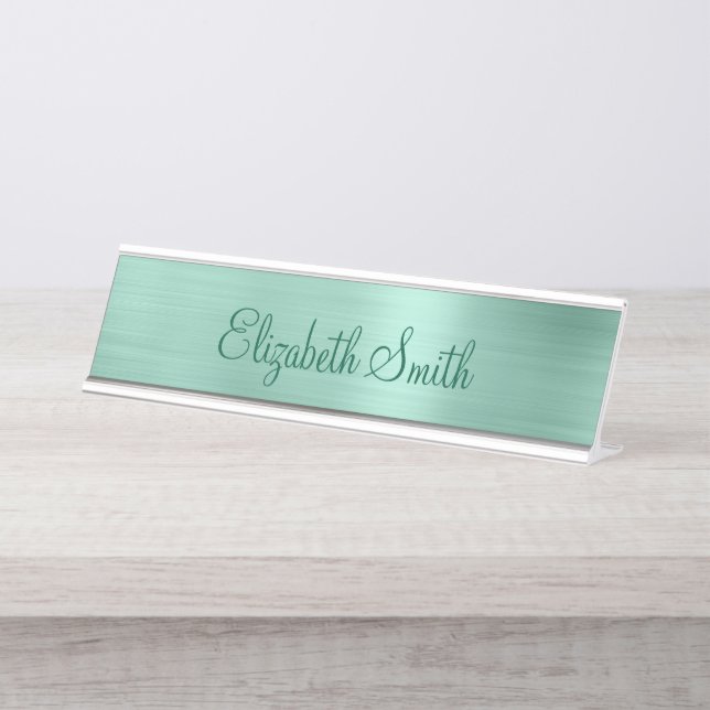 Girly Pale Teal Metallic Foil Desk Name Plate (Front)