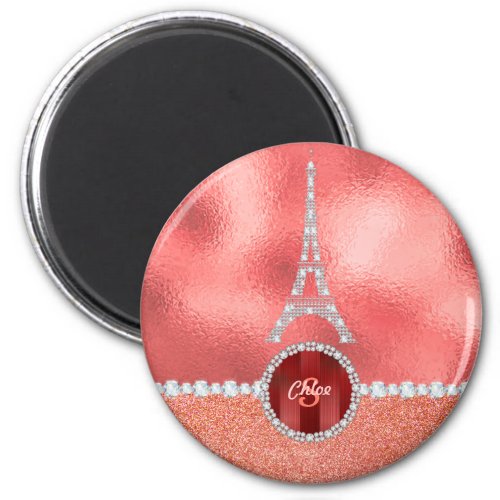 Girly Paris Diamond Eiffel Tower Rose Gold Magnet