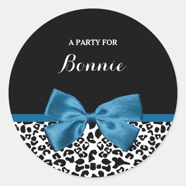 Girly Party Name Leopard Print Pretty Blue Bow Classic Round Sticker (Front)