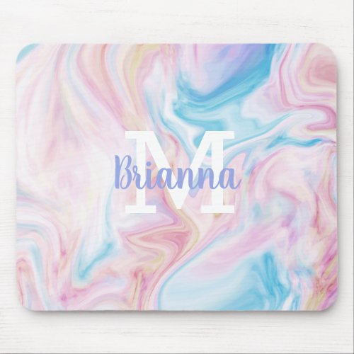 Girly Pastel Abstract PInk Blue Girls Monogram Mouse Pad