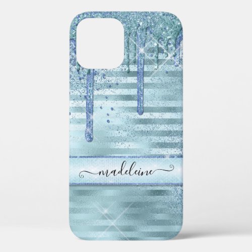 Girly Pastel Blue Glitter Drips Stripe Script Name iPhone 12 Case