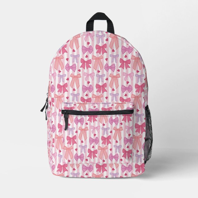 Girly Pastel Bows and Stripes Printed Backpack (Front)