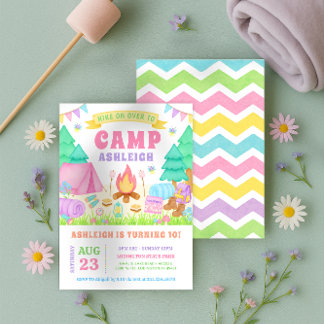 Girly Pastel Camping Birthday Invitation